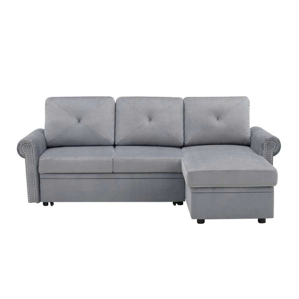83 in. W 2-Piece Velvet Sleeper Sofa Bed Convertible Sectional Couch with Storage Chaise in Gray by GODEER - Image 6