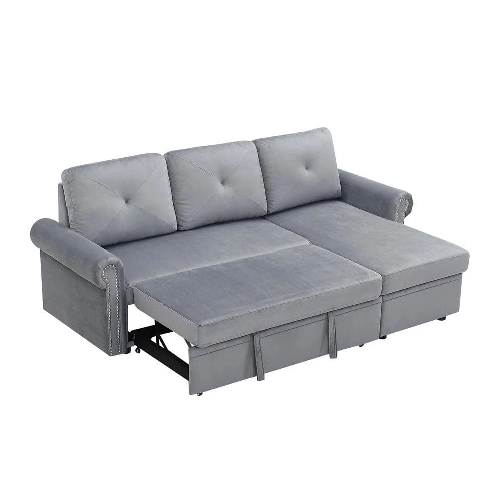 83 in. W 2-Piece Velvet Sleeper Sofa Bed Convertible Sectional Couch with Storage Chaise in Gray by GODEER - Image 4