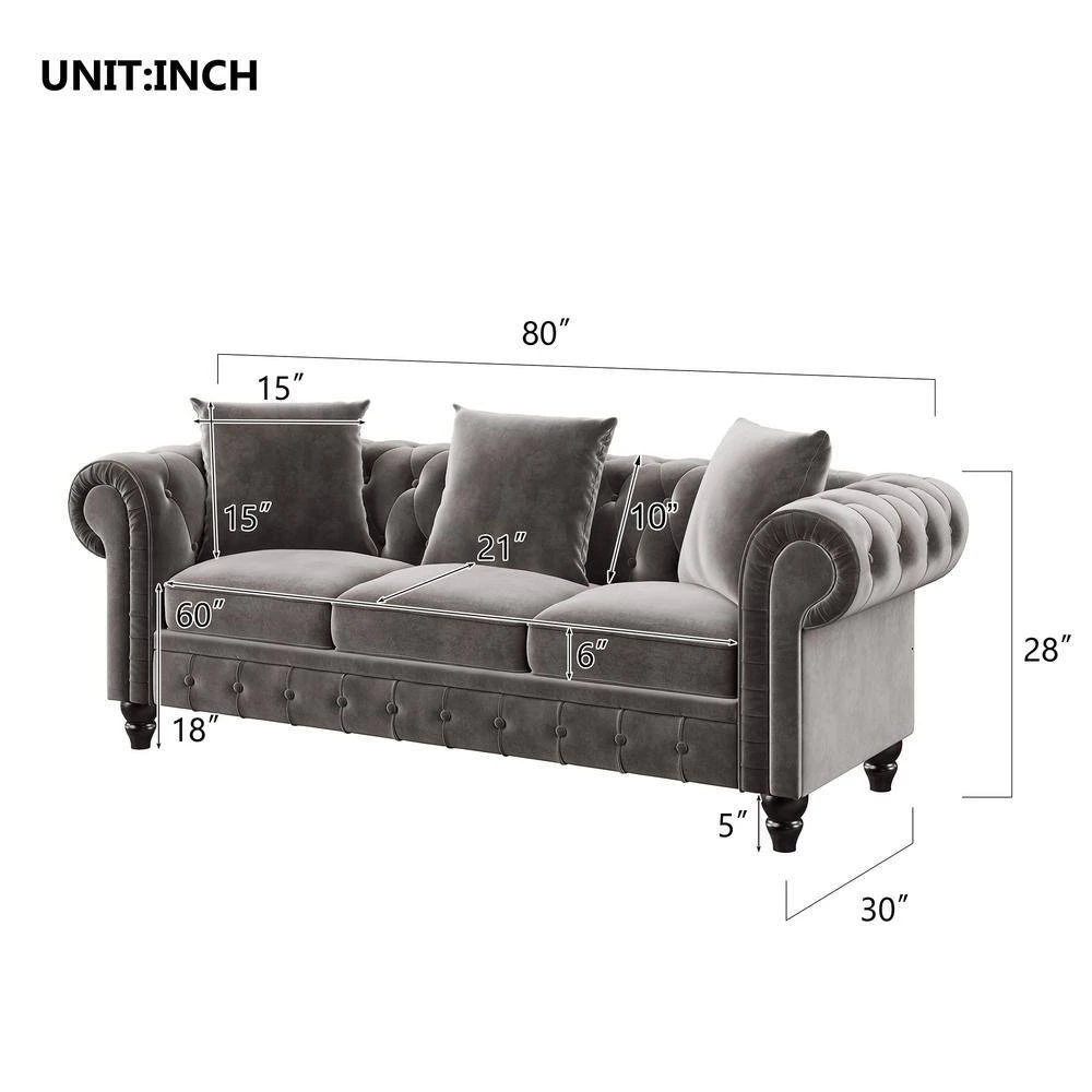 80 in. W Rolled Arm Velvet Straight 3 Seat Sofa Roll Arm Classic, 3 Pillows included in Gray by GODEER - Image 4