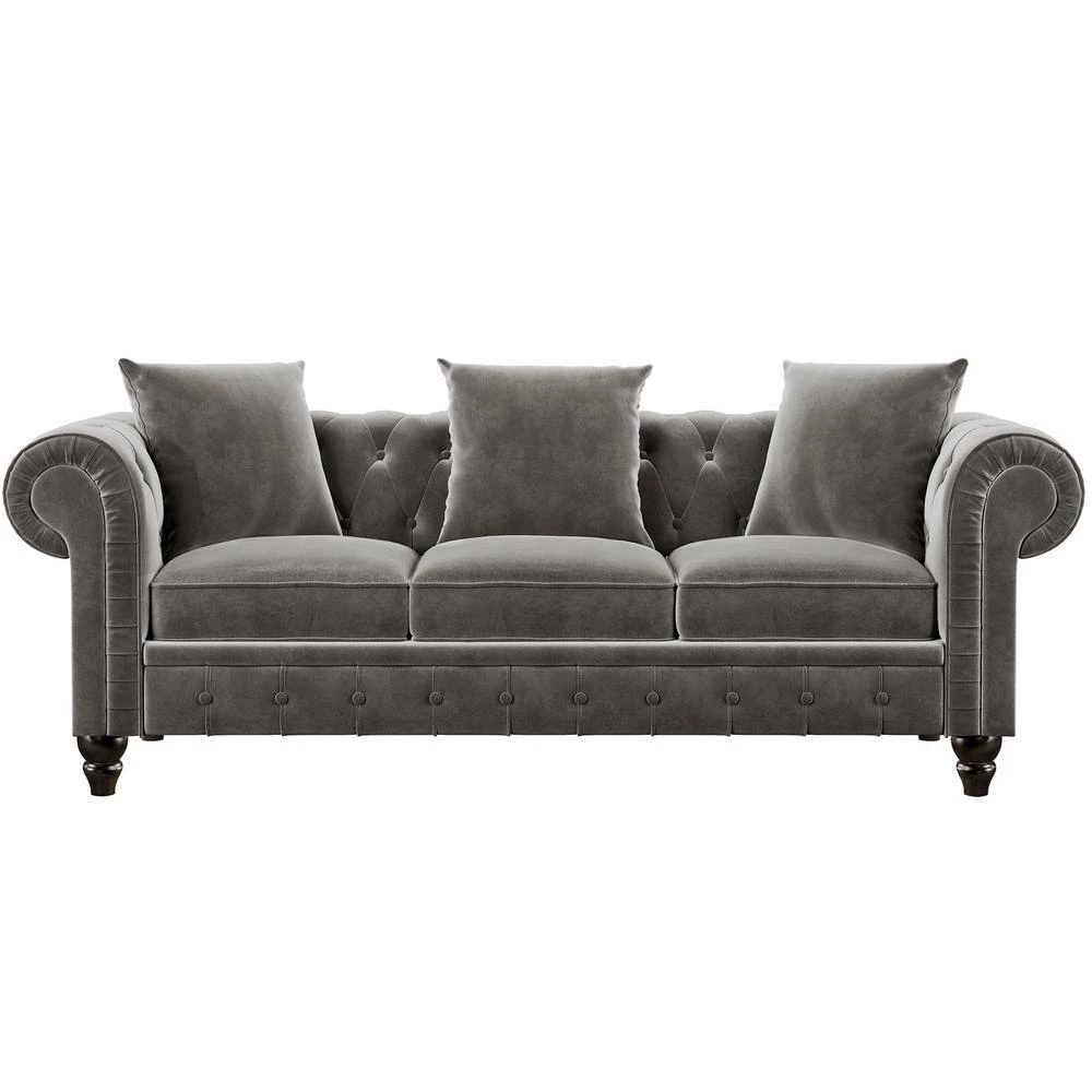 80 in. W Rolled Arm Velvet Straight 3 Seat Sofa Roll Arm Classic, 3 Pillows included in Gray by GODEER - Image 5