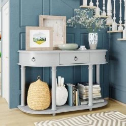48 in. Gray Wash Half Moon MDF Lamination Venner Console Table, Solid Wood Frame and Legs with Single Drawer by GODEER