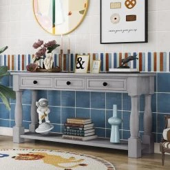 64 in. Gray Wash Rectangle Rubber Wood Console Table Extra-thick Sofa Table with Drawers and Shelf for Entryway by GODEER