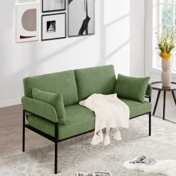 59 in. W Green Linen 2-Seater Loveseat with Pillows for Living Room by GODEER