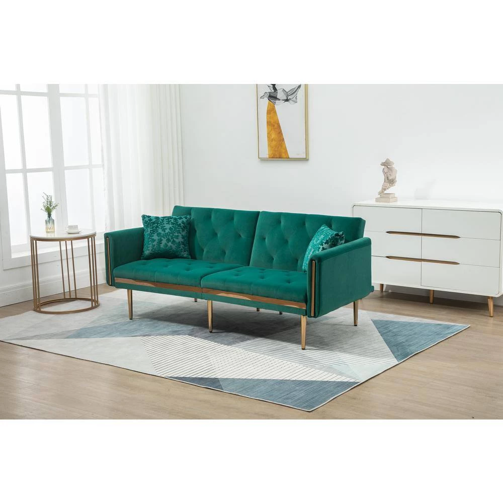 73 in. W Rolled Arm Velvet Straight Three Seat Sofa with Metal Feet in Green by GODEER