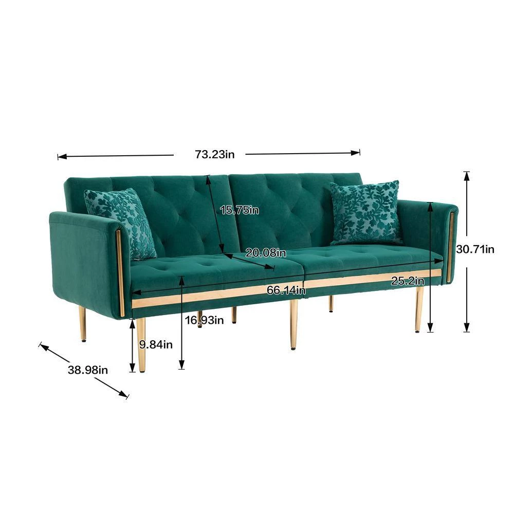 73 in. W Rolled Arm Velvet Straight Three Seat Sofa with Metal Feet in Green by GODEER - Image 5