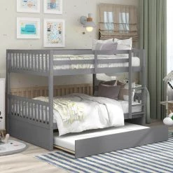 Grey Full Bunk Bed with Trundle, Convertible to 2-Full Size Platform Bed by GODEER
