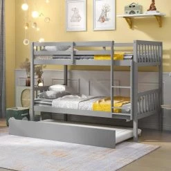 Grey Twin Bunk Beds with Trundle, Solid Wood Trundle Bed Frame with Safety Rail and Ladder by GODEER