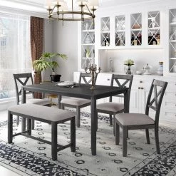 6-Piece Wood Top Grey Kitchen Dining Table Set Rectangular Dining Table, 4-Dining Chair and Bench by GODEER