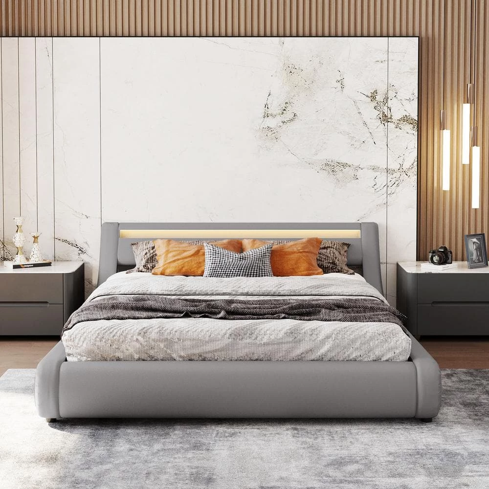 89 in. W Grey Queen Leather Metal Frame Platform Bed with a Hydraulic Storage System with LED Light by GODEER - Image 13