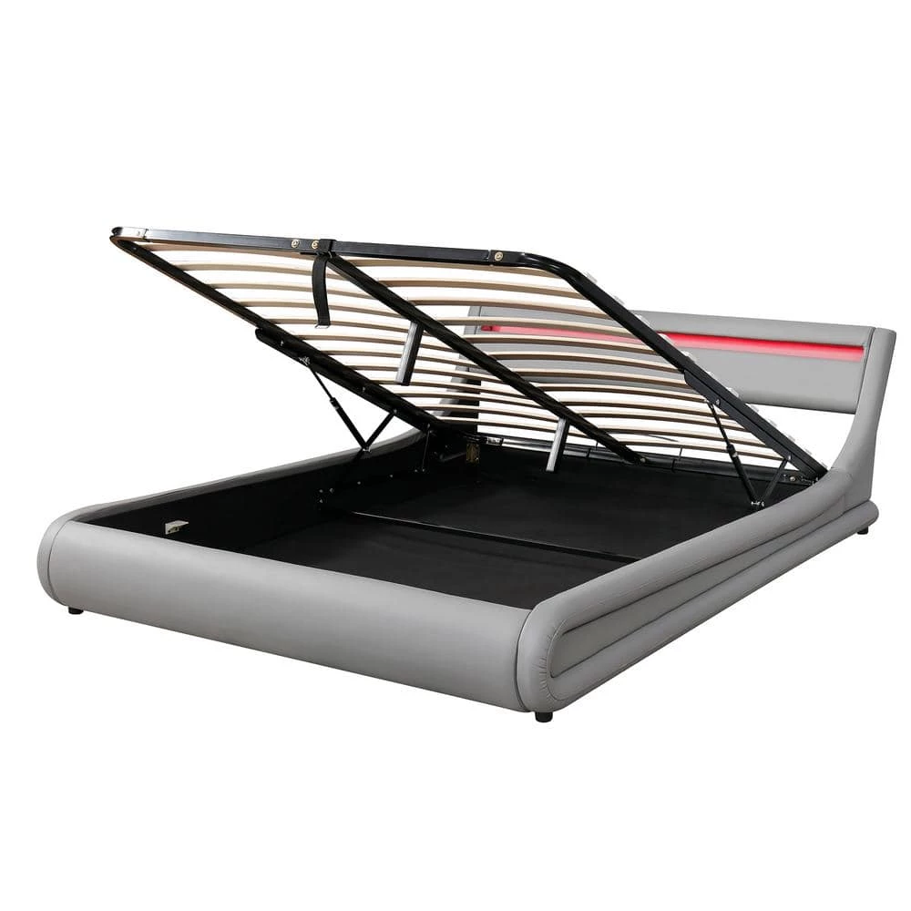 89 in. W Grey Queen Leather Metal Frame Platform Bed with a Hydraulic Storage System with LED Light by GODEER - Image 3