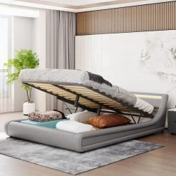 89 in. W Grey Queen Leather Metal Frame Platform Bed with a Hydraulic Storage System with LED Light by GODEER