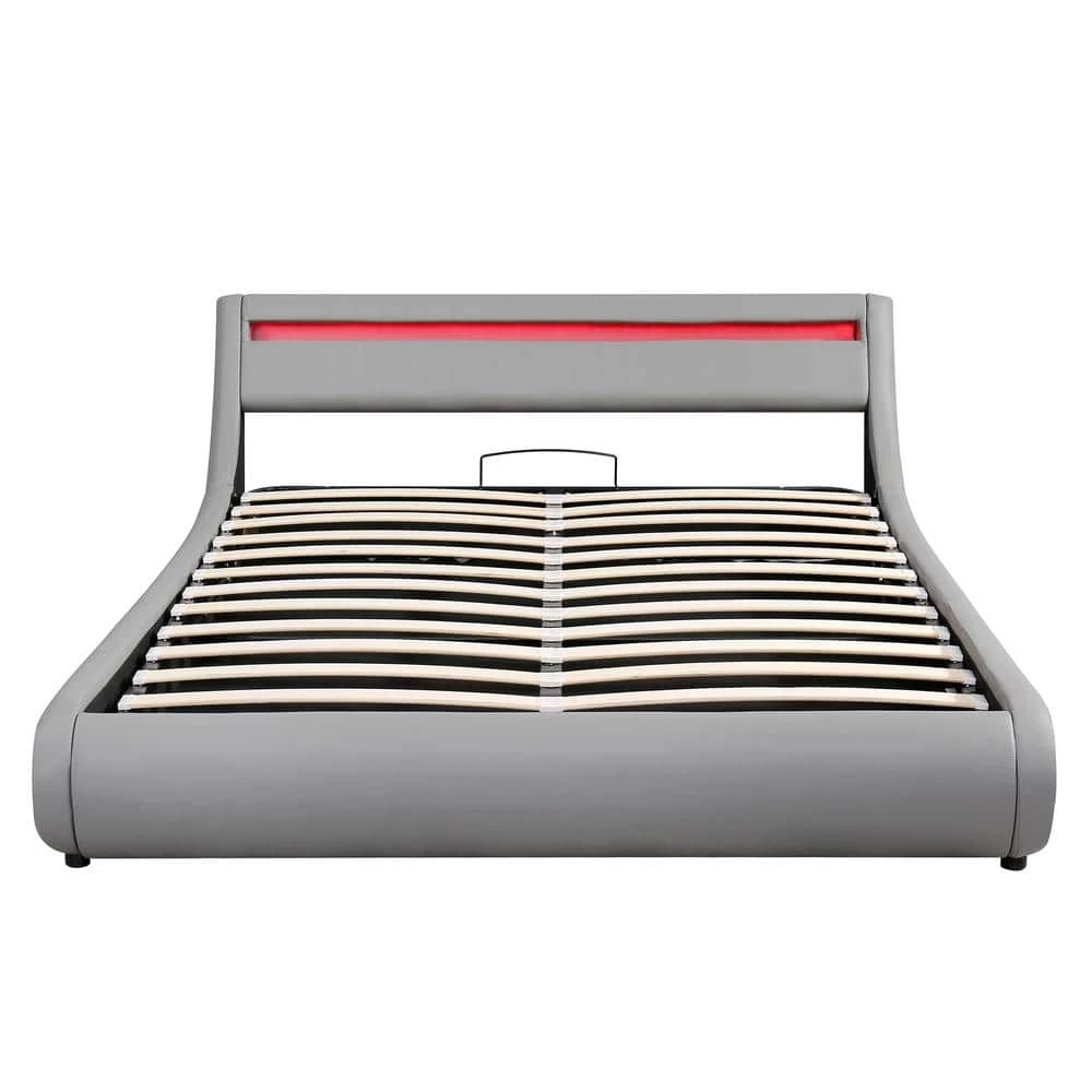 89 in. W Grey Queen Leather Metal Frame Platform Bed with a Hydraulic Storage System with LED Light by GODEER - Image 6