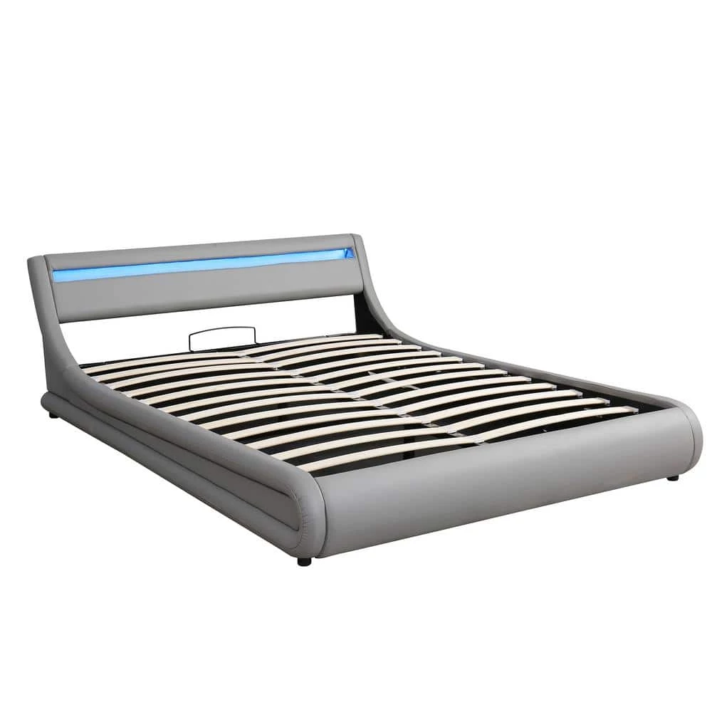 89 in. W Grey Queen Leather Metal Frame Platform Bed with a Hydraulic Storage System with LED Light by GODEER - Image 4