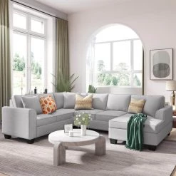 110 in. W 3-piece Polyester Sectional Sofa Modern English Arm Classic U-shaped Sofa 3 Pillows Included in Light Gray by GODEER