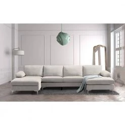 128.3 in. W 4-Piece Polyester Convertible Sectional Sofa in Light Gray by GODEER