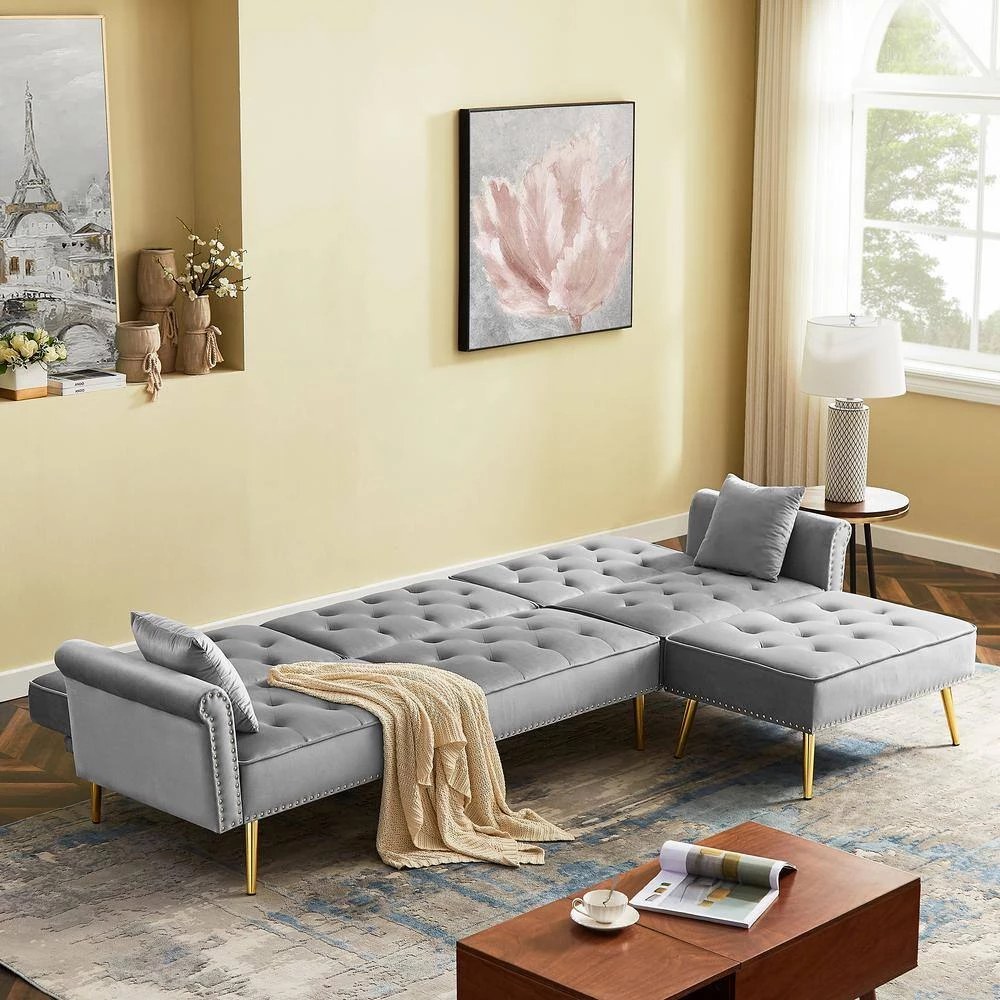 110 in. W 2-piece Velvet Reversible Sectional Sofa Bed, L-Shaped Couch with Movable Ottoman in Light Gray by GODEER - Image 9