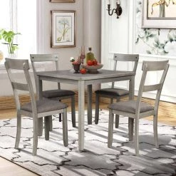 5-Piece Square Industrial Wooden Top Light Grey Dining Table Set, 4 Chairs for Dining Room by GODEER