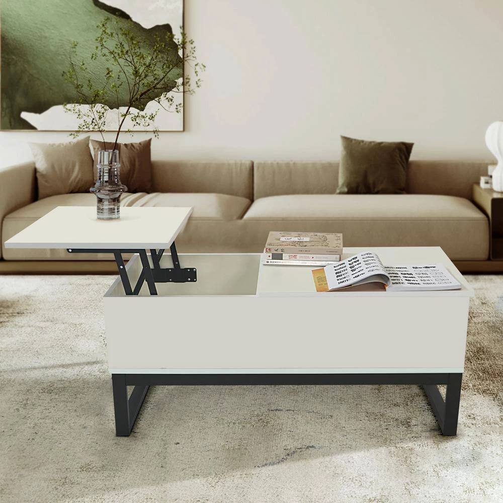 41.30 in. Matte White Rectangle Particle Board Coffee Table, Liftable and Lowerable Table Top by GODEER - Image 10