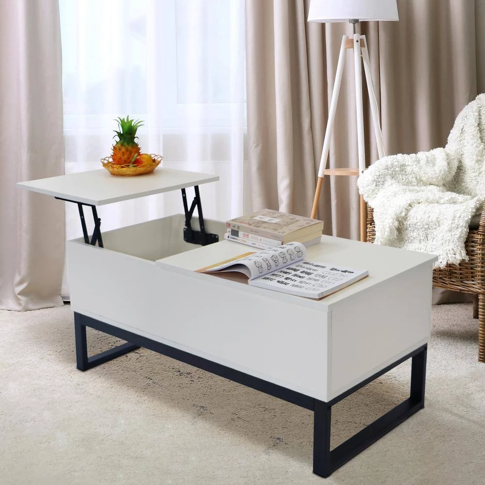 41.30 in. Matte White Rectangle Particle Board Coffee Table, Liftable and Lowerable Table Top by GODEER - Image 2