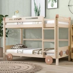 Natural plus Brown Twin Size Car-Shaped Convertible Bunk Bed by GODEER