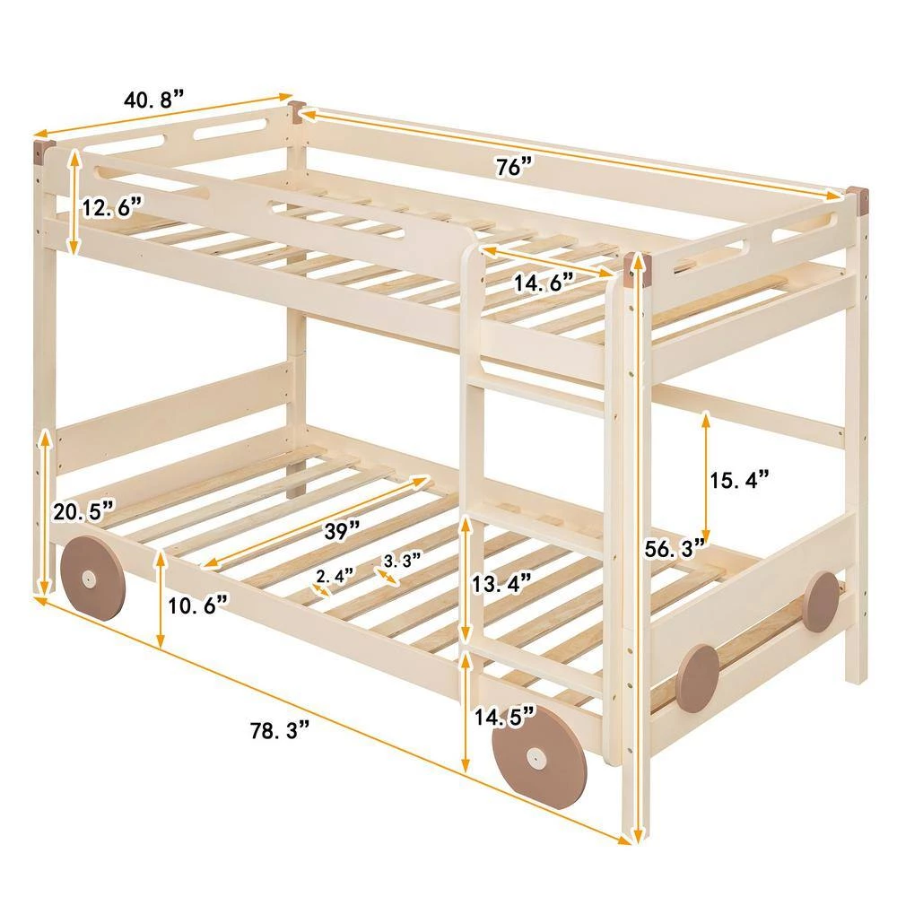 Natural plus Brown Twin Size Car-Shaped Convertible Bunk Bed by GODEER - Image 5