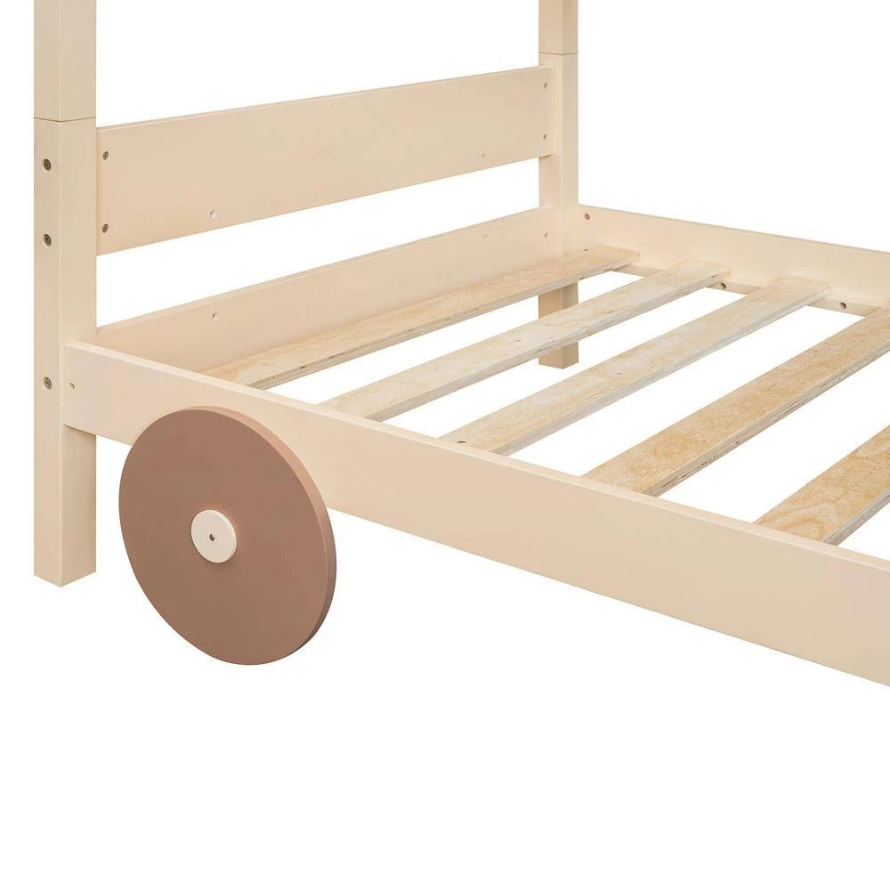 Natural plus Brown Twin Size Car-Shaped Convertible Bunk Bed by GODEER - Image 7