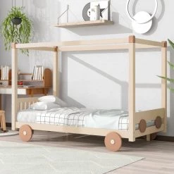 Natural plus Brown Twin Size Canopy Car-Shaped Platform Bed by GODEER