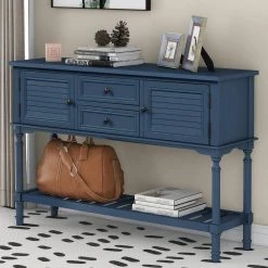 47.05 in. Navy Blue Rectangle Wood Console Table for Living Room with 2 Drawers, 2 Cabinets and 1 Shelf by GODEER