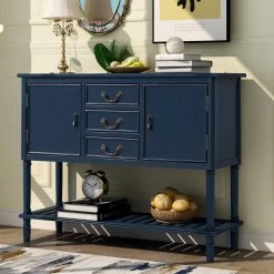 45.28 in. Navy Blue Rectangle Wood Modern Console Table for Living Room with 3 Drawers, 2 Cabinets and 1 Shelf by GODEER