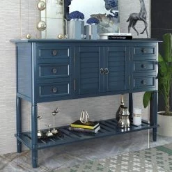45.28 in. Navy Blue Rectangle Wood Sofa Table for Living Room with 6 Drawers, 1 Cabinets and 1 Shelf by GODEER