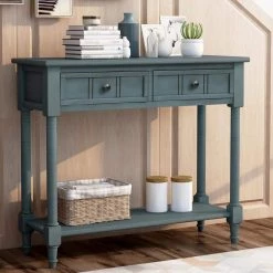 35 in. Navy Rectangle Wood Daisy Series Console Table with Two Drawers and Bottom Shelf by GODEER