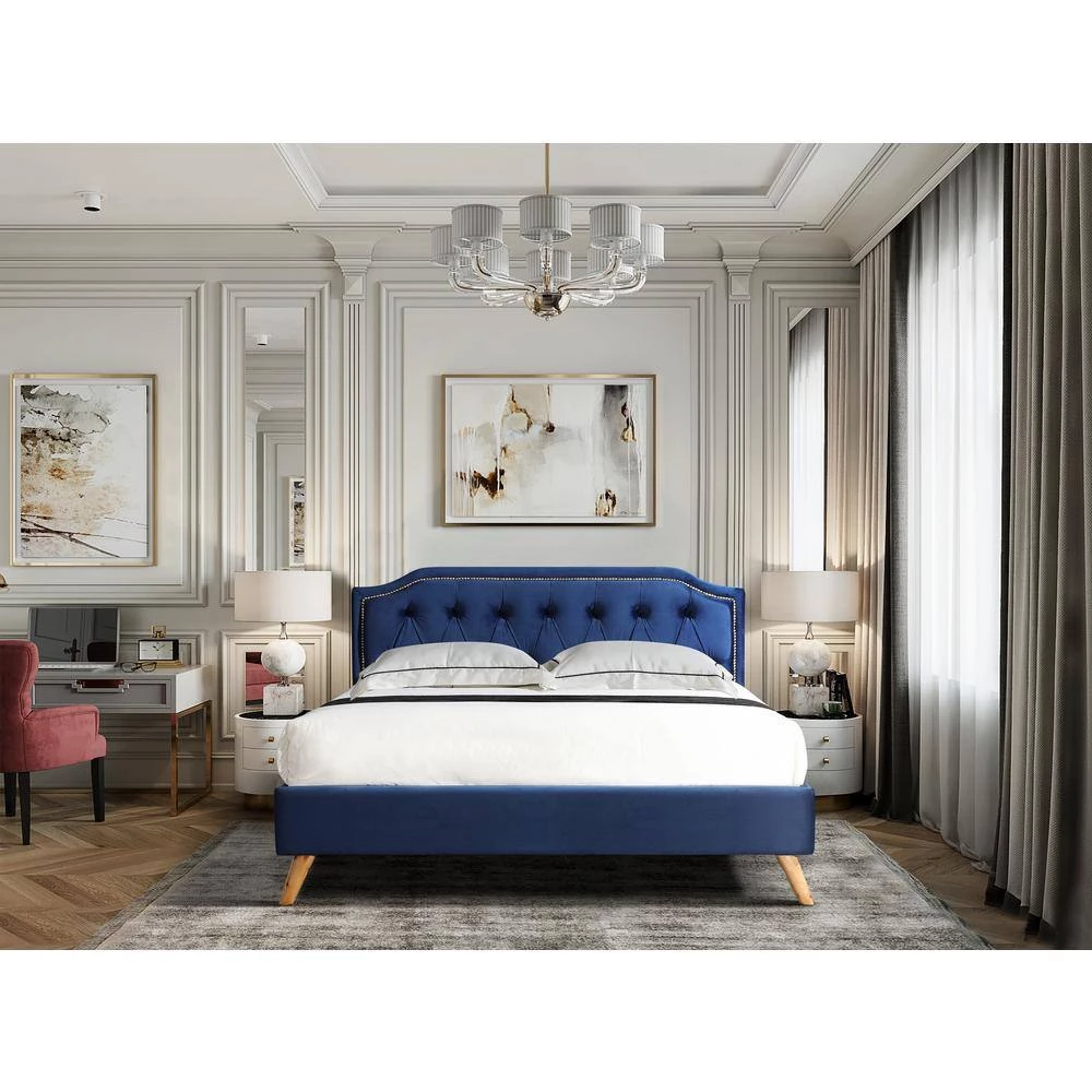 Navy Queen Size Upholstered Platform Bed Fabric Bed Frame by GODEER - Image 10