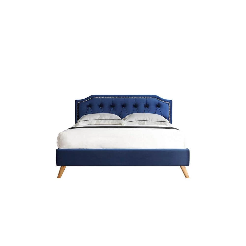 Navy Queen Size Upholstered Platform Bed Fabric Bed Frame by GODEER