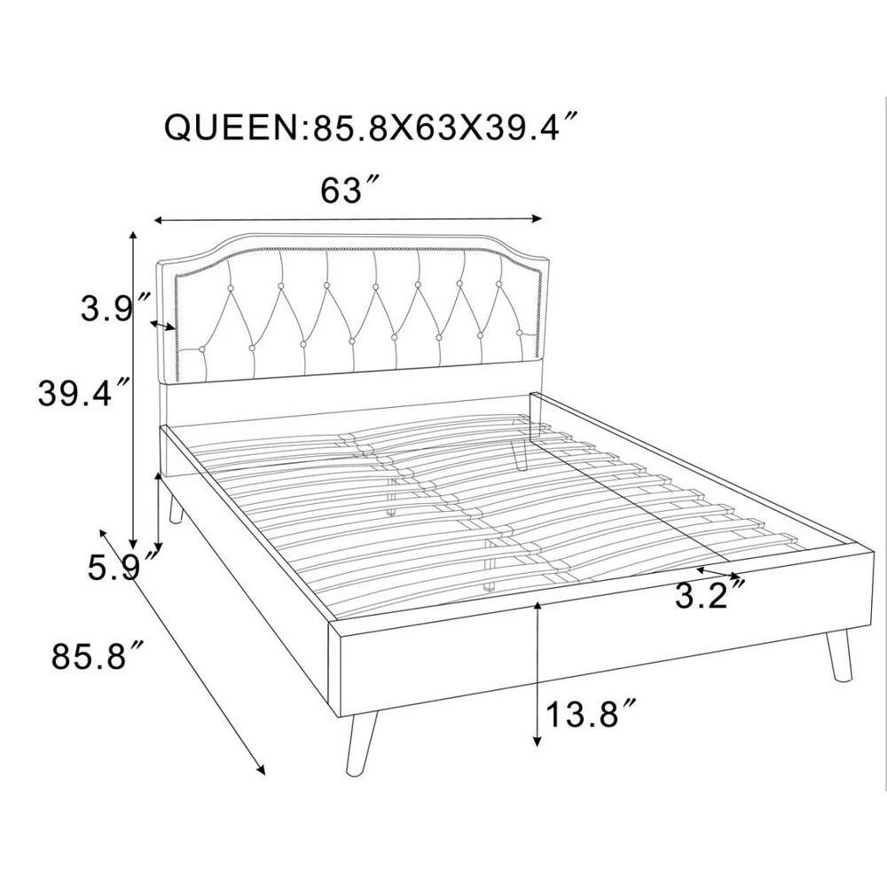 Navy Queen Size Upholstered Platform Bed Fabric Bed Frame by GODEER - Image 3