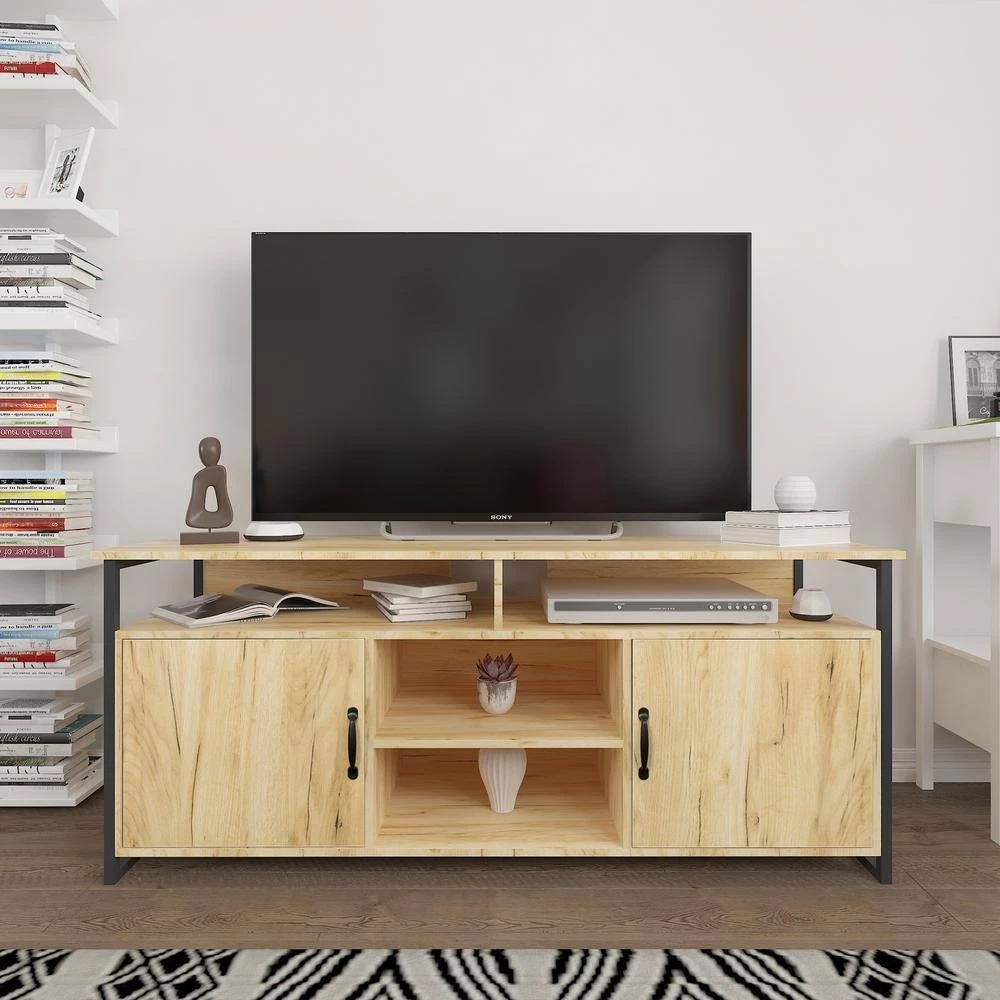 58 in. Oak TV Stand Fits TV's up to 65 in. Modern Wood Universal Media Console with Metal Legs by GODEER - Image 11