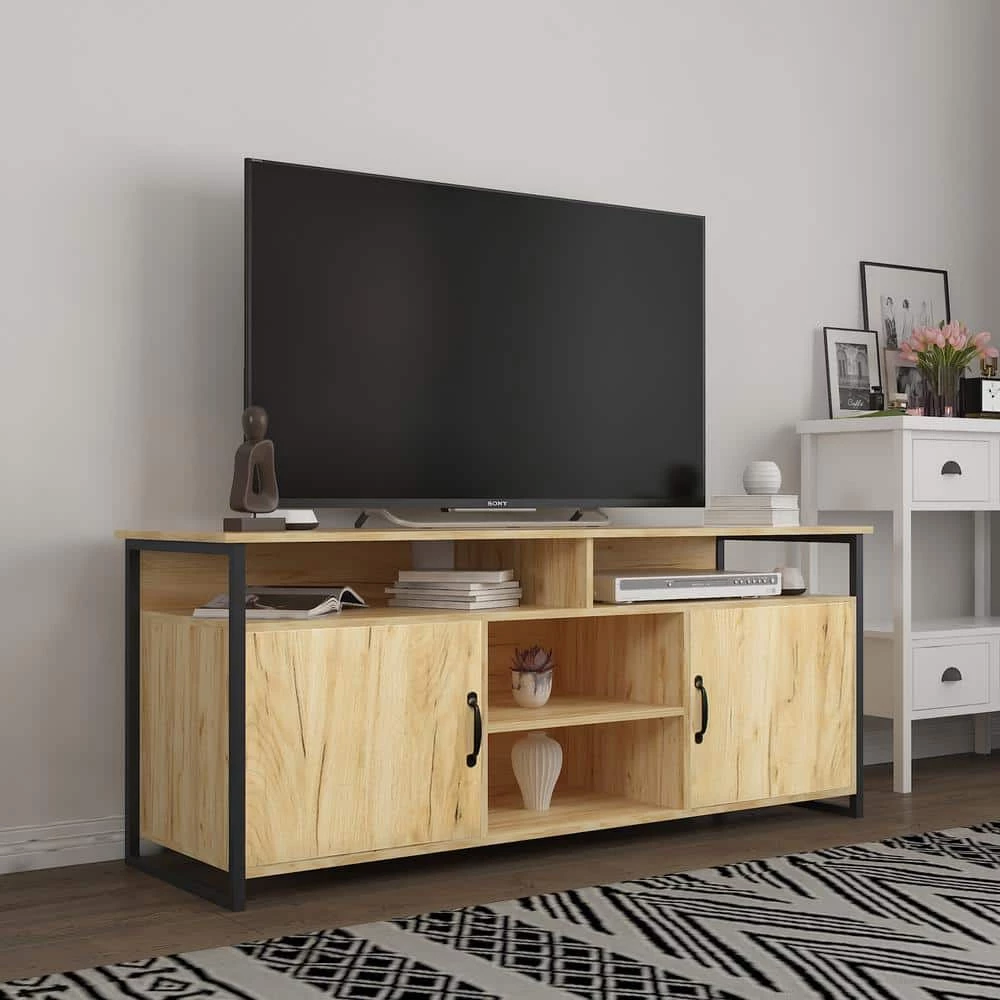 58 in. Oak TV Stand Fits TV's up to 65 in. Modern Wood Universal Media Console with Metal Legs by GODEER