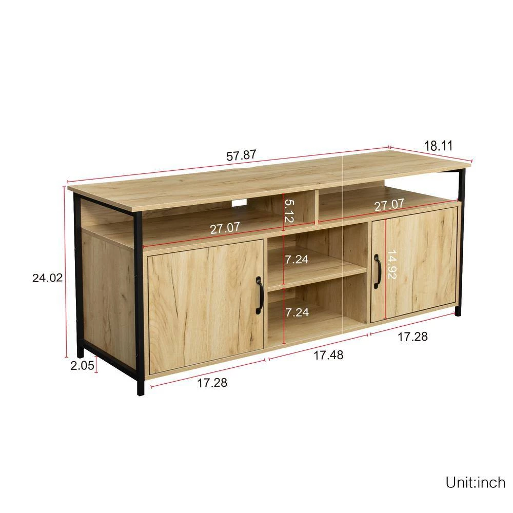 58 in. Oak TV Stand Fits TV's up to 65 in. Modern Wood Universal Media Console with Metal Legs by GODEER - Image 5