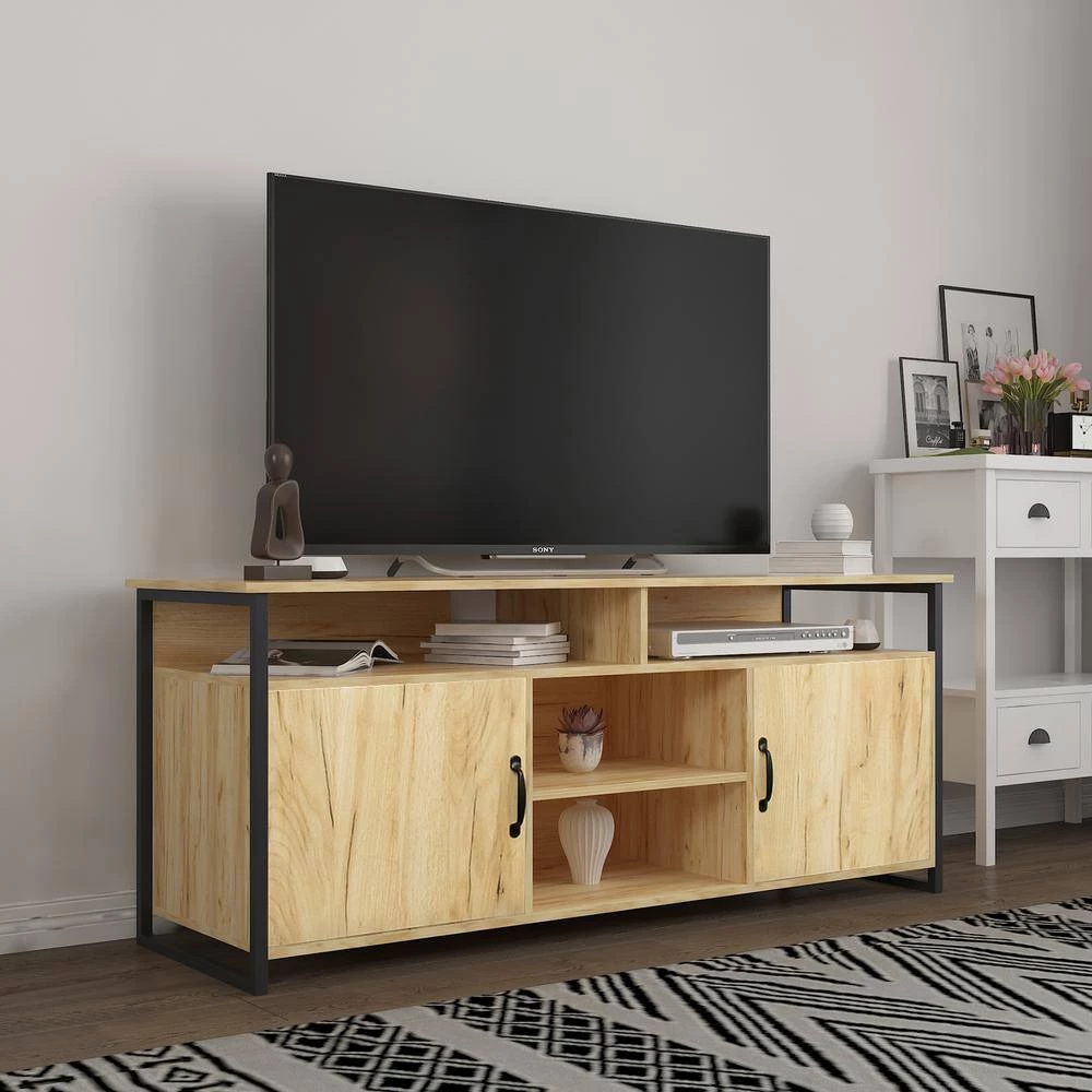 58 in. Oak TV Stand Fits TV's up to 65 in. Modern Wood Universal Media Console with Metal Legs by GODEER - Image 2