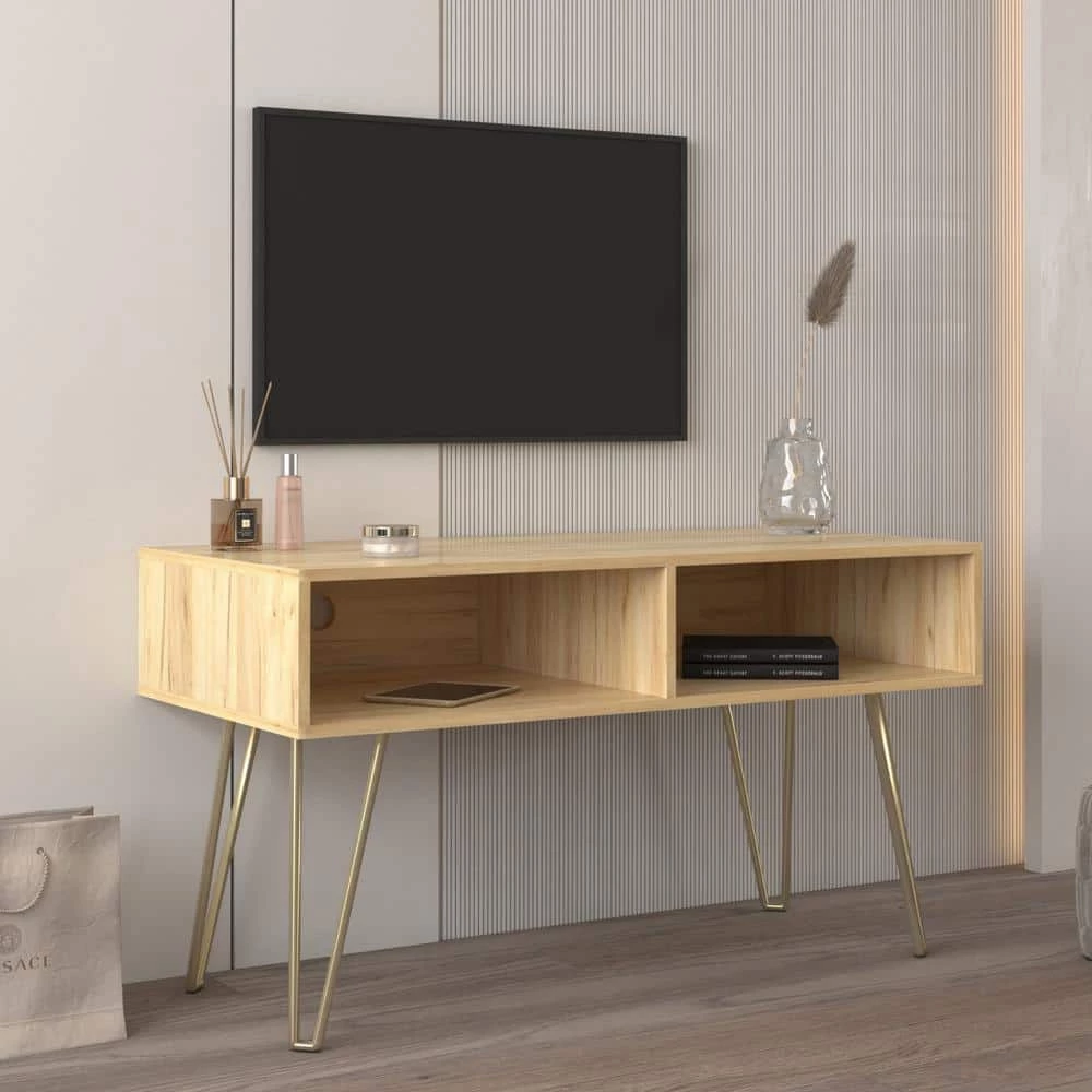 42 in. Oak TV Stand Fits TV's up to 45 in. with 2 Open Shelves and Small Ornaments by GODEER