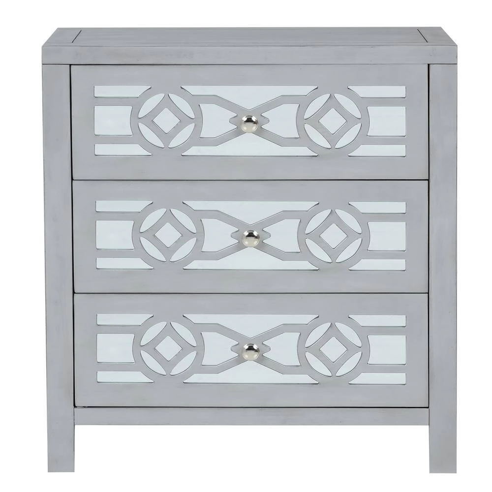 Silver Wooden Storage Cabinet with 3 Drawers and Decorative Mirror, Natural Wood by GODEER - Image 3