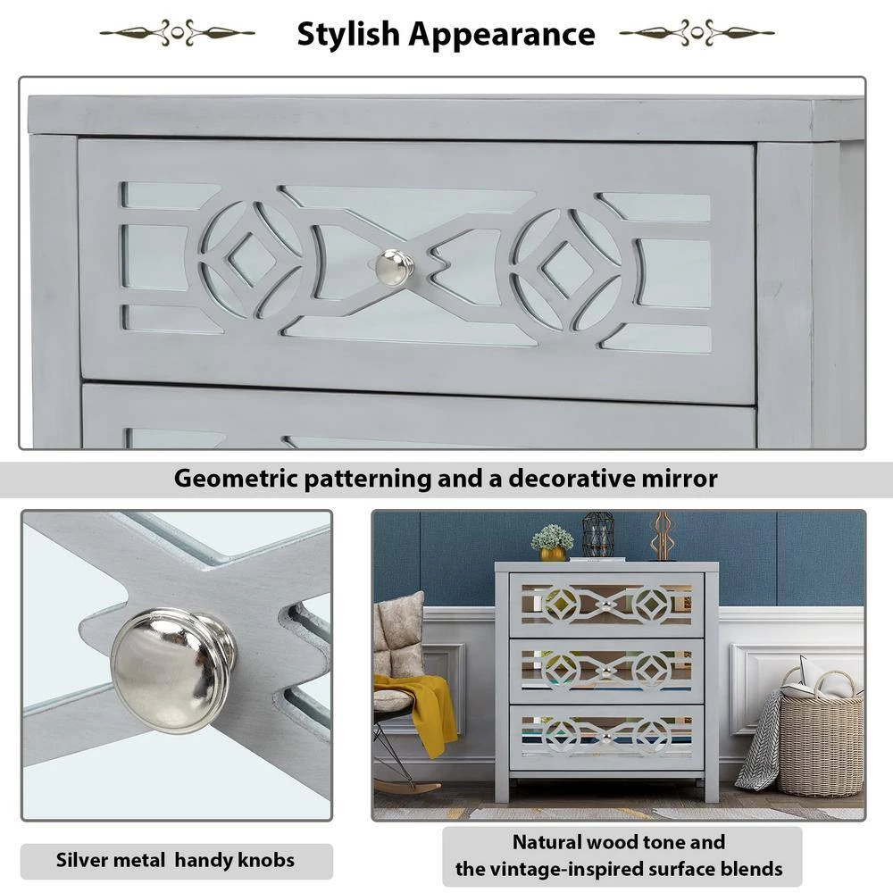 Silver Wooden Storage Cabinet with 3 Drawers and Decorative Mirror, Natural Wood by GODEER - Image 11