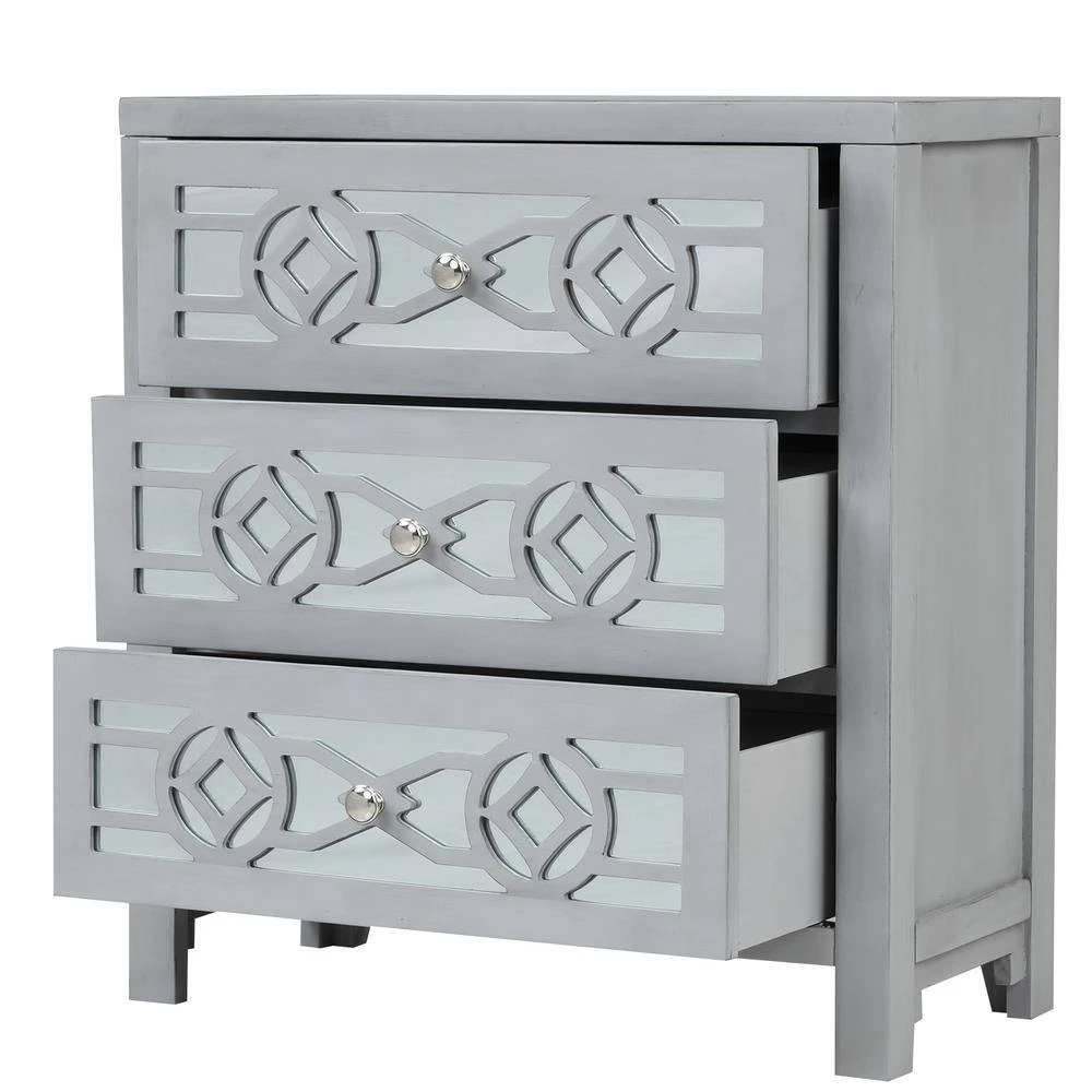 Silver Wooden Storage Cabinet with 3 Drawers and Decorative Mirror, Natural Wood by GODEER - Image 5