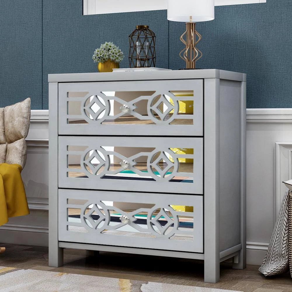 Silver Wooden Storage Cabinet with 3 Drawers and Decorative Mirror, Natural Wood by GODEER - Image 2