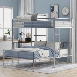 Silver Twin Over Full Metal Bunk Bed with Desk, Ladder and Quality Slats for Bedroom by GODEER