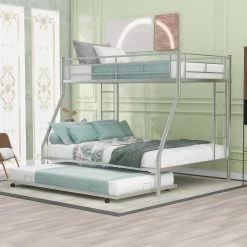 Silver Twin Over Full Bed with Sturdy Steel Frame, Bunk Bed with Twin Size Trundle, Two-Side Ladders by GODEER