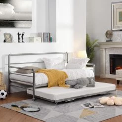 Silver Twin Daybed with Adjustable Trundle, Pop Up Trundle by GODEER
