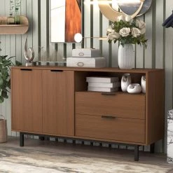 Tan Contemporary Style Sideboard with Black Support Frame Metal Handles Large Storage Space by GODEER