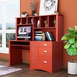 59 in. Teak Wood 3-Drawer Computer Desk with Hutch by GODEER