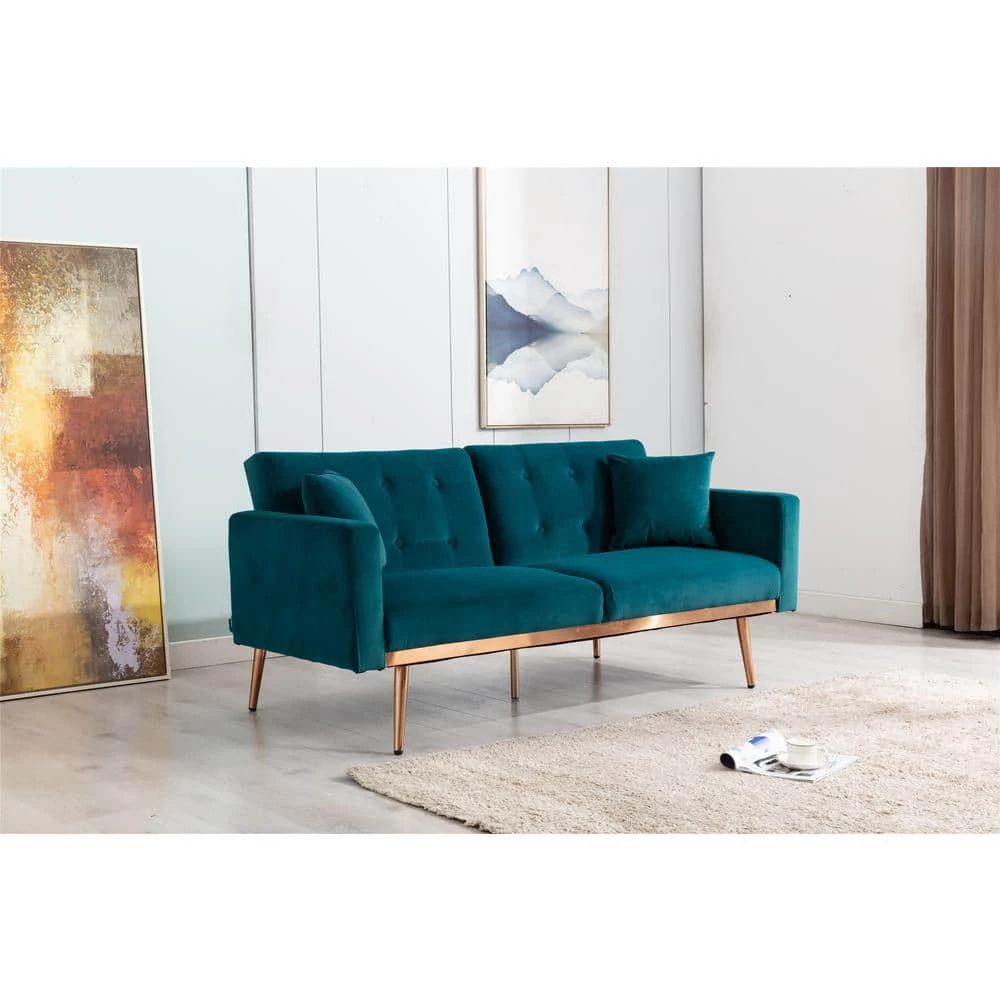 64 in. W Teal Velvet 2-Seater Loveseat with Rose Gold Metal Feet by GODEER - Image 2