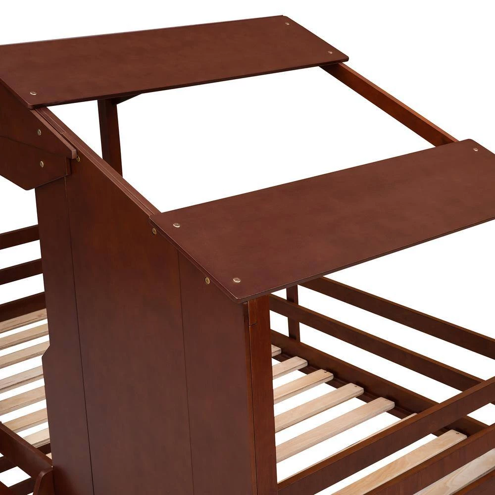 Walnut Twin Over Twin House Bunk Bed with Ladder, Wood Bed by GODEER - Image 9